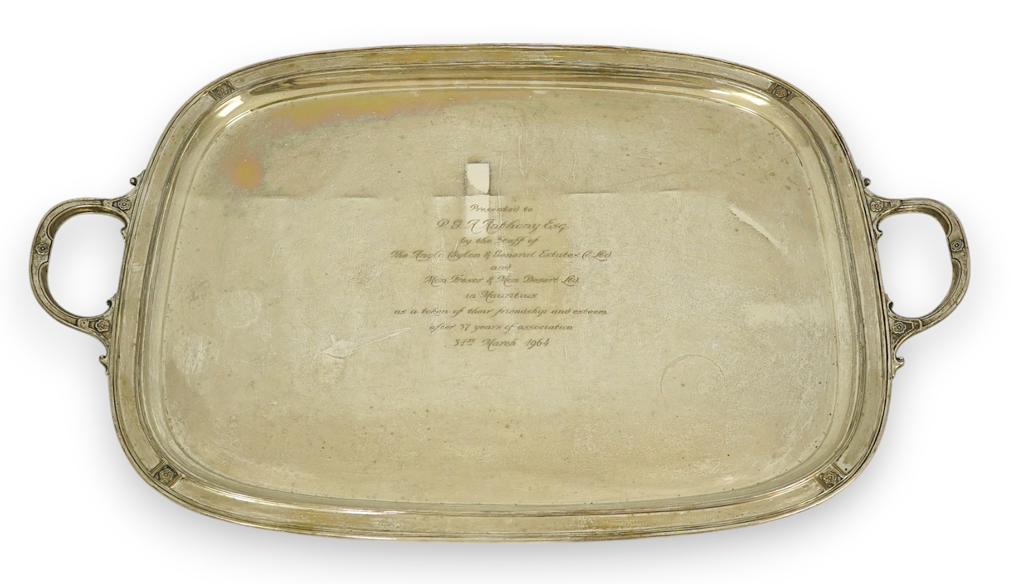 A George V silver two handled tea tray, by James Dixon & Sons